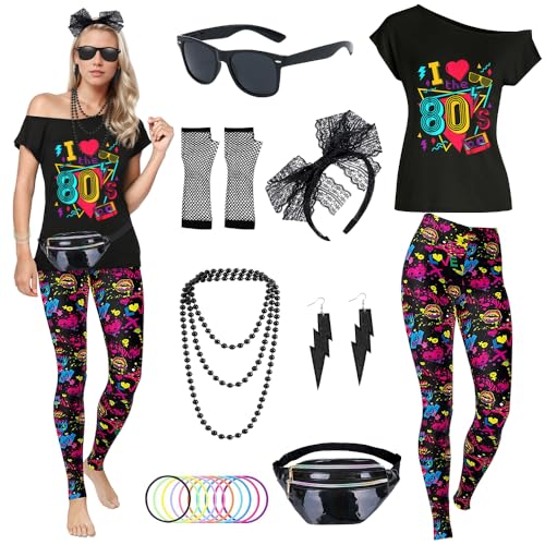 TOLOYE 80er Jahre Outfit Damen, Kostüm 80er Jahre Hippie Kostüm mit Hippie Oberteil Hosen 80er Jahre Accessoires, Kostüm Damen Fasching, 80er Kostüm für Karneval Neon Party Outfit (Schwarz, M) von TOLOYE