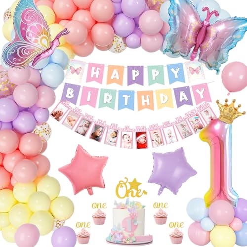 TOLOYE Geburtstagsdeko 1 Jahr Mädchen, Schmetterling Deko Geburtstag für Erster Geburtstag Mädchen mit Happy Birthday Banner, Fotobanner, Foil 1 Balloon, Pastell Geburtstagsdeko Mädchen 1 Jahr von TOLOYE