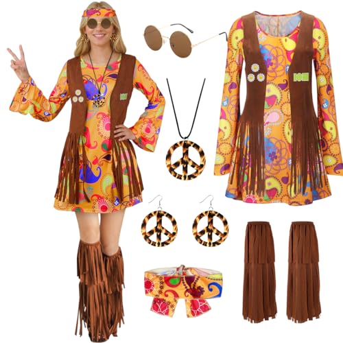 TOLOYE Hippie Kostüm Damen, 70er Jahre Bekleidung Damen mit Hippie Kleid Hippie Weste Hippie Accessoires, Kostüm Damen Fasching, 60er 70er Jahre Kostüm Hippie Kleidung für Karneval Cosplay Party (M) von TOLOYE