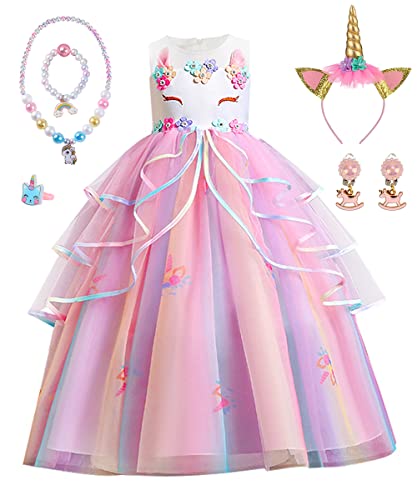 TOLOYE Prinzessin Kleid Mädchen, Einhorn Kostüm Kinder Mädchen Kleid mit Haarband Halsketten Set, Prinzessin Kostüm Kleid für Weihnachten Halloween Karneval Cosplay Geburtstagsfeier von TOLOYE