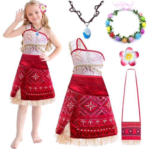 Vaiana Kostüm Mädchen, Moana Prinzessin Kleid mit Blumenkrone Halskette Blumenclip, Abenteuer Outfit, Faschingskostüme Kinder, Moana Vaiana Kostüm für Karneval Cosplay Geburtstagsfeier (B, 130) von TOLOYE
