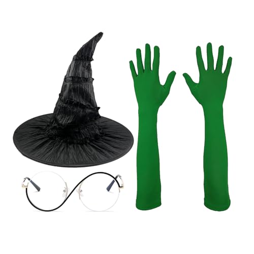 TOMIGO 3-tlg. grünes Hexen-Halloweenkostüm-Set - schwarzer Hexenhut, Brille und lange grüne Handschuhe für Frauen und Mädchen von TOMIGO
