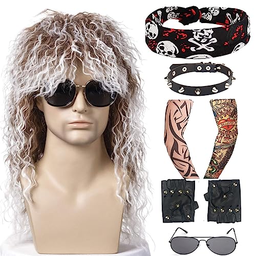 7 Stück Vokuhila Perücke Herren Kostüm Set -TOMIGO Braun Vintage Hip Hop Rocker Star 70er 80er Jahre Perücke für Damen/Herren Halloween Karneval (Braun) von TOMIGO