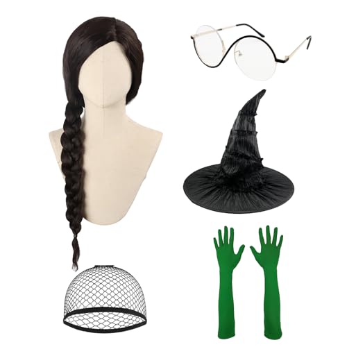 TOMIGO Lange geflochtene Schwarze Perücke mit Hut Handschuhe und Brille für Womem Halloween Cosplay TOMIGO Lange geflochtene Schwarze Perücke mit Hut Handschuhe und Brille für Womem Halloween Cosplay von TOMIGO