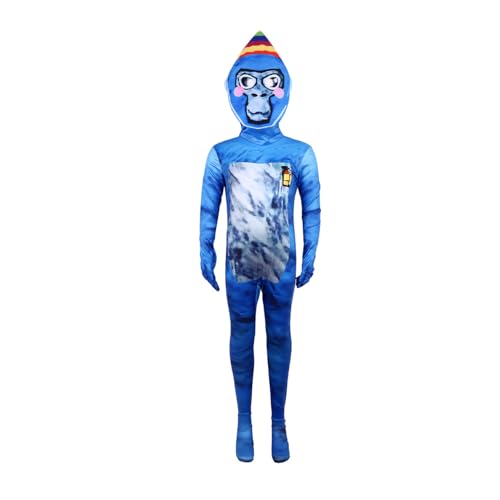 TONGQUD Jungenkostüm, Gorilla-Tag, Overall für Jungen, Ganzkörper-Affe, Rollenspiel, langärmelig, Spielanzug für Kinder, 3D-Cosplay-Maske (Blau, 11–12 Jahre) von TONGQUD