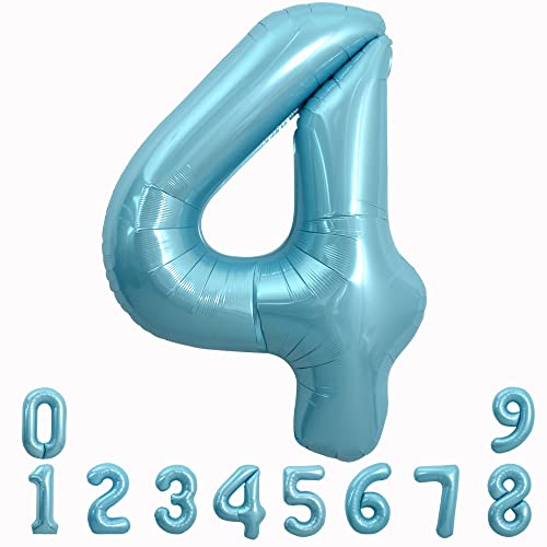 TONIFUL 40 Zoll Hellblaue Nummer Folienballon 0 to 9 in Macaron Blaue Helium Zahlenballon Riesenzahl Luftballon Nummer 4 Heliumballons für Geburtstag, Hochzeit, Jubiläum Party Dekoration von TONIFUL