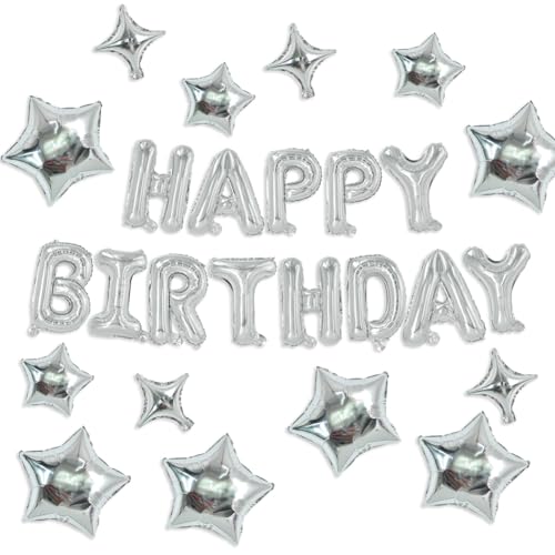 TONIFUL 35 Stück silberne "Happy Birthday"-Dekorationen, 40,6 cm, Happy Birthdays, Ballonbanner mit Sternballons für Männer, Frauen, Erwachsene, Mädchen, Jungen, Kinder, Partyzubehör von TONIFUL