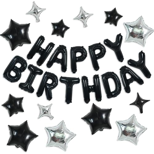 TONIFUL 35-teiliges schwarzes "Happy Birthday"-Dekorationsset, 40,6 cm, Ballonbanner mit Sternballons, Mylar-Folie, Geburtstagsbanner für Männer, Frauen, Erwachsene, Mädchen, Jungen, Kinder von TONIFUL
