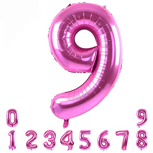TONIFUL 40 Zoll Nummer Folienballon 0 to 9 in Rosa Helium Zahlenballon Riesenzahl Luftballon Nummer 9 Heliumballons für Geburtstag, Hochzeit, Jubiläum Party Dekoration（Zahl 9） von TONIFUL
