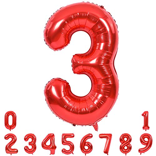 TONIFUL 40 Zoll Nummer Folienballon in Rot Helium Zahlenballon Riesenzahl Luftballon Nummer 3Heliumballons für Geburtstag, Party Dekoration von TONIFUL