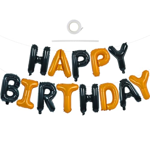 TONIFUL Happy Birthday-Ballon-Banner, 40,6 cm, Mylar-Folienbuchstaben, Wimpelkette, wiederverwendbar, für Mädchen, Jungen, Kinder und Erwachsene, für Geburtstag und Halloween (Schwarz/Orange) von TONIFUL