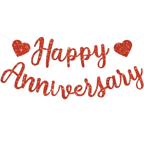 TONIFUL Red Happy Anniversary Banner, Pre-Strung, Red Glitter Happy Anniversary Banner, KEINE DIY für Red Glitter Happy Anniversary Girland, Red Happy Anniversary Zeichen für Jubiläums Hochzeitsfeier von TONIFUL