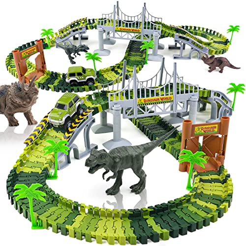 Dinosaurier Spielzeug Autorennbahn Rennbahn- Kinderspielzeug ab 3 4 5 6 Jahre Junge Mädchen,Dino Welt Flex Tracks mit 2 Dinosaurier Figuren Geschenke für Kinder von TONZE
