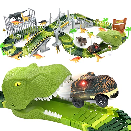 TONZE Dinosaurier Spielzeug Autorennbahn ab 3 4 5 6 Jahre Kinderspielzeug mit Rennbahn Kinder Dinosaurier Spiel Dino Spielzeug Auto Cars Geschenk 3 4 5 6 Jahre Junge Mädchen (177 Stück) von TONZE