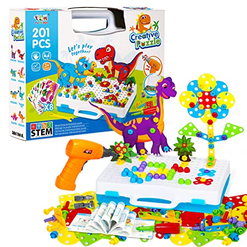 TONZE Steckspiel Spielzeug ab 2 3 Jahre mit Bohrmaschine 3D Dinosaurier Puzzle Mosaik Steckspiel Montessori Spielzeug Werkzeugkoffer Kinder Geschenke für Jungen Mädchen 3 4 5 6 Jahren (201 Stück) von TONZE