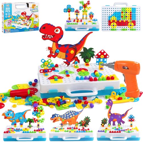 TONZE Steckspiel Spielzeug ab 3 Jahre mit Bohrmaschine 3D Dinosaurier Puzzle Mosaik Montessori Spielzeug Werkzeugkoffer Kinder Geschenke Spiele ab 3 4 5 6 Jahren Junge Mädchen Kinderspiele(201 Stück) von TONZE