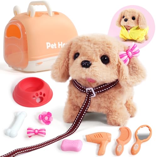 TONZE Hund Spielzeug Kinder Hund mit Leine der Läuft und Bellt, Kuscheltier Hund Spielzeug Mädchen ab 2 3 4 5 Jahre, Klein Spielzeug Hund Set (Umhang & Haarnadel) Dog Spiel Mädchen Spielzeug 2 Jahre von TONZE