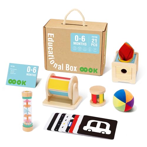 TOOKYLAND Montessori Baby Spielzeug 0-6 Monate Lernspielzeug 6 in 1 Lernspielzeug für Neugeborene einschließlich sensorischer Ball, Regenstab, Baby Rolle, Trommel von TOOKYLAND