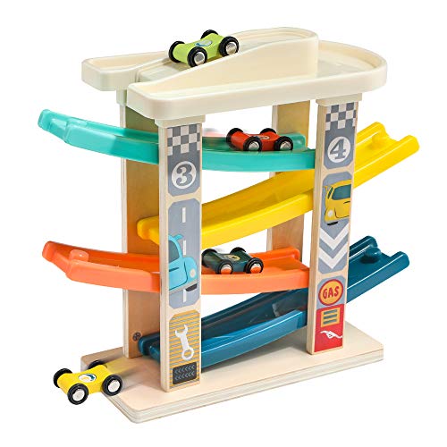 TOP BRIGHT Kugelbahn Autorennbahn aus Holz mit 4 Autos - Kinderspielzeug Geschenke für Kinder, Baby Spielzeug ab 1 Jahr Jungen und Mädchen von TOP BRIGHT