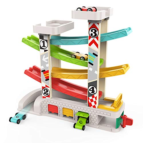 TOP BRIGHT Kugelbahn mit 5 Autos Holz, Auto Rennbahn Holz Spielzeug, Kinderspielzeug ab 1 2 Jahre Junge Mädchen Geschenke von TOP BRIGHT