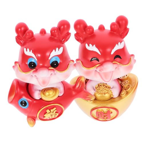 TOPBATHY 2pcs Jahr des Drachen-Ornaments Papierdrache Gnom Plüsch Figur Miniatur Zappeln Panda-Cupcake-Topper Sternzeichen-Handwerk Kleiner Drache Tischdeko Drache Rot Harz von TOPBATHY