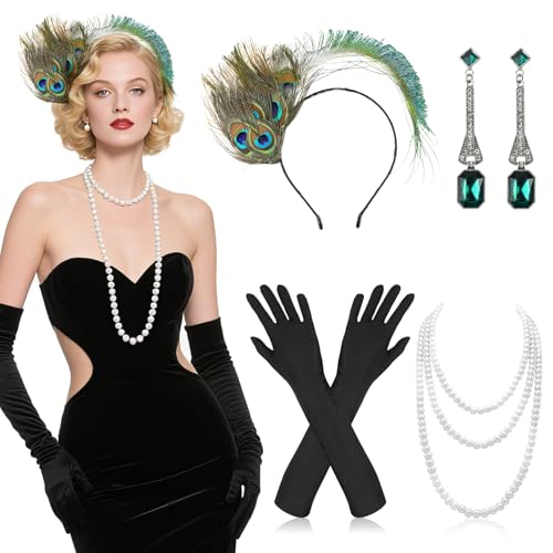 TOPBELIEF 4 Stück 1920er Federstirnband, 20er Jahre Accessoires, Pfau Kopfschmuck, Great Gatsby Accessoires Damen, Mit Handschuhen, Stirnband, Halskette, Ohrringen für Maskerade Halloween Teeparty TOPBELIEF 4 Stück 1920er Federstirnband, 20er Jahre Accessoires, Pfau Kopfschmuck, Great Gatsby Accessoires Damen, Mit Handschuhen, Stirnband, Halskette, Ohrringen für Maskerade Halloween Teeparty von TOPBELIEF