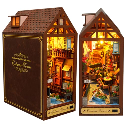 3D Dschungelhütte Holz Buchständer Puzzle DIY Puppenhaus Holz Buchstützen Book Nook Modellbau Kit mit LED-Licht für Jugendliche und Erwachsene zum Bauen Kreativität Geschenk von TOPBSFARNY