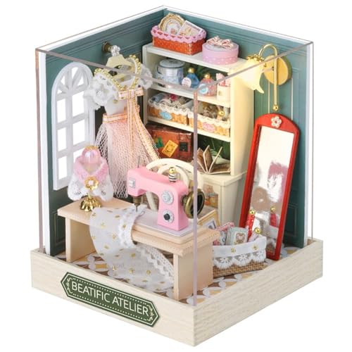 DIY Miniatur-Puppenhaus-Möbel-Set aus Holz, handgefertigtes Puppenhaus mit LED/Staubschutz, kreatives Holzhandwerk-Spielzeug für Erwachsene, Freunde, Liebhaber, Geburtstagsgeschenk (Beatific Atelier) von TOPBSFARNY