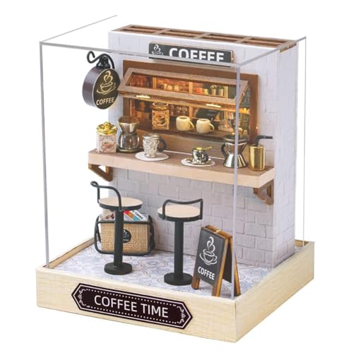 DIY Miniatur-Puppenhaus-Möbel-Set aus Holz, handgefertigtes Puppenhaus mit LED/Staubschutz, kreatives Holzhandwerk-Spielzeug für Erwachsene, Freunde, Liebhaber, Geburtstagsgeschenk (Kaffee-Zeit) von TOPBSFARNY