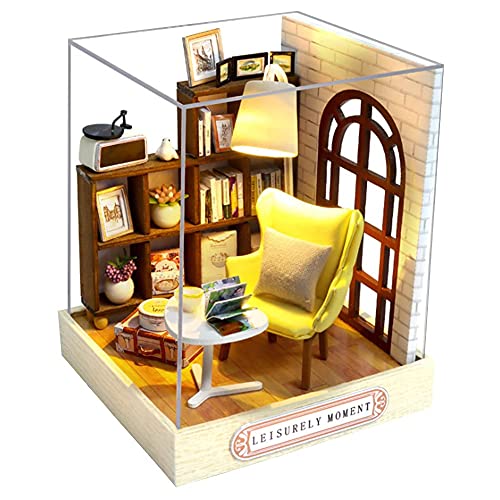 Miniatur-Puppenhaus-Möbel-Set zum Selbermachen, handgefertigtes Puppenhaus mit LED/Staubschutz, kreatives Holzhandwerk-Spielzeug für Erwachsene, Freunde, Liebhaber, Geburtstagsgeschenk (gemächlicher von TOPBSFARNY