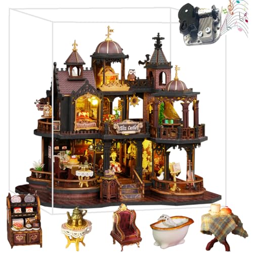 TOPBSFARNY 3D Holz Montiert Puppenhaus Kit DIY Miniatur Vintage Old Castle Style Szene Gebäude mit Musik Kreativität Halloween Geburtstagsgeschenk (mit Staubschutz) von TOPBSFARNY
