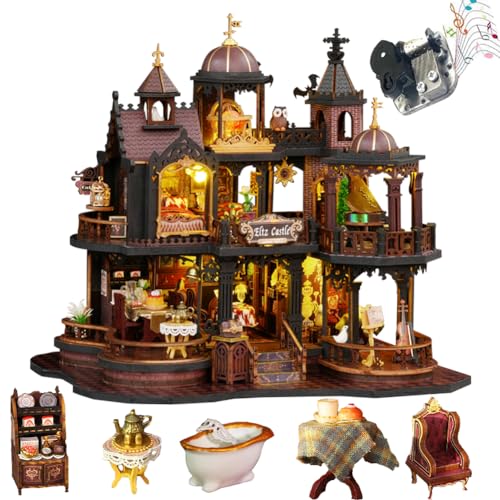 TOPBSFARNY 3D Holz Montiert Puppenhaus Kit DIY Miniatur Vintage Old Castle Style Szene Gebäude mit Musik Kreativität Halloween Geburtstagsgeschenk (ohne Staubschutz) von TOPBSFARNY