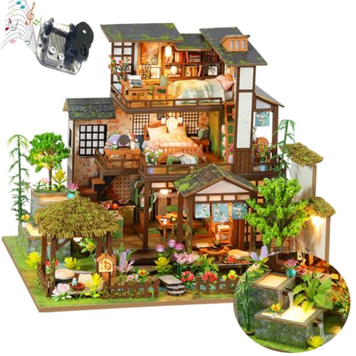 TOPBSFARNY 3D Holz Puppenhaus Gebäude Modell mit Möbeln und Lichtern, DIY Miniatur Puppenhaus Kit enthält Musikwerk und Staubschutz (Bamboo Spring Courtyard) von TOPBSFARNY