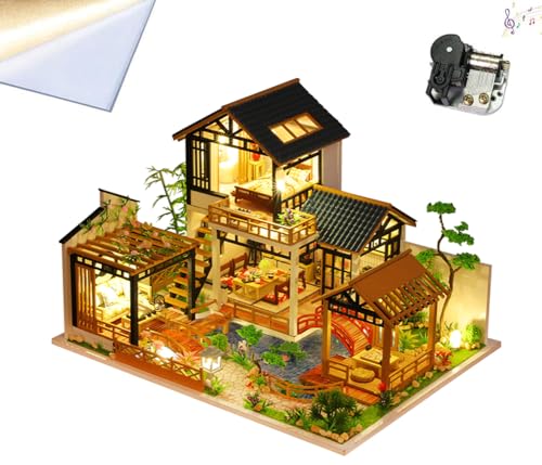 TOPBSFARNY 3D Holz montiertes Puppenhaus Kit DIY Miniatur altmodisch rustikaler Stil Haus mit Staubschutz und Musikbewegung Bauset Tiny House Holzpuzzle Geschenke von TOPBSFARNY