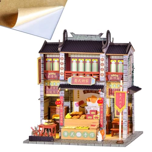 TOPBSFARNY Chinesische Antike Architekturgeschäft, Modell, handgemacht, Konditorei, Dessertladen, 1:24 Miniatur-Puppenhaus-Kit aus Holz, mit LED-Licht, Staubschutz von TOPBSFARNY