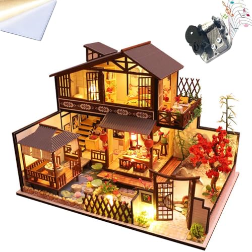 TOPBSFARNY DIY Japanische Stil Villa Szene Architekturmodell Kirschblüten Garten montiert Spielzeug Haus Musik Haus Kit mit LED und Staubschutz 3D Puppenhaus Kreatives Geschenk von TOPBSFARNY
