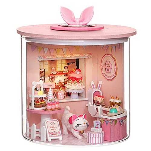 TOPBSFARNY DIY LED Lichter Miniatur Puppenhaus Kit Street Shop Puppenhaus Modell Holzmöbel für Valentinstag Kreative Geschenke (Kätzchen Cake Shop) von TOPBSFARNY