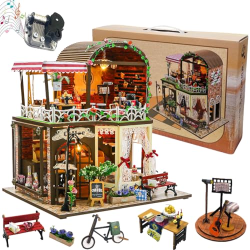 TOPBSFARNY DIY Miniatur Puppenhaus Bausatz, 3D Miniatur Zimmer mit LED Licht, Bücherhaus/Kaffeehaus Holzmodellbausatz Geschenk für Jugendliche/Erwachsene (Ohne Staubschutzhaube) von TOPBSFARNY