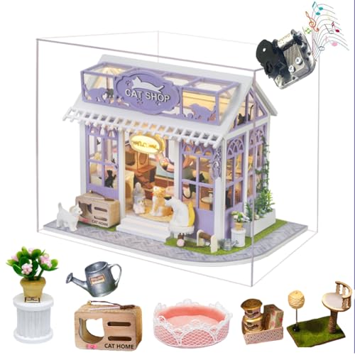 TOPBSFARNY DIY Miniatur Puppenhaus Kit, Miniatur Shop Book Nook 3D Holzpuzzle Miniaturen Haus Bastelsets für Erwachsene/Teenager (Cat Shop) von TOPBSFARNY