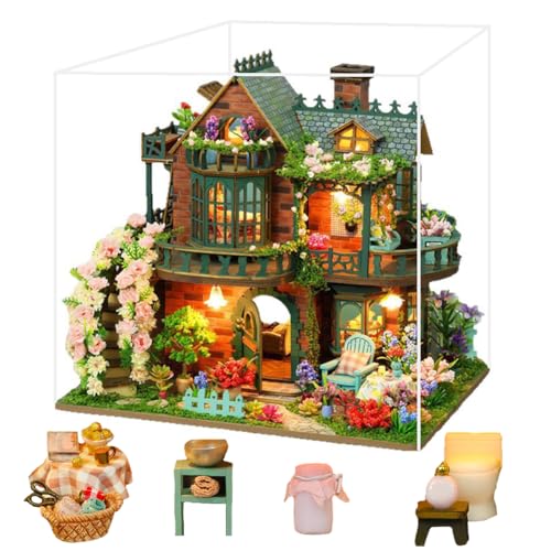 TOPBSFARNY DIY Miniatur Puppenhaus Kit mit Möbeln und Lichtern, 3D Holz Blumenhaus Gebäude Modell Kreative Weihnachten Geburtstag Hochzeit Geschenk (mit Staubschutz) von TOPBSFARNY