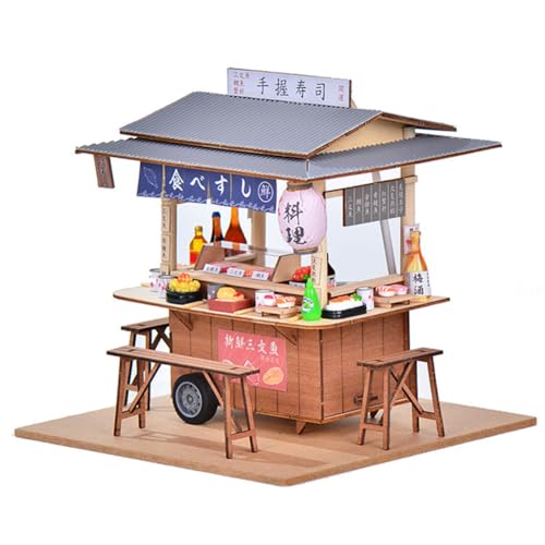 TOPBSFARNY Miniatur-Puppenhaus-Set, japanisches Sushi-Shop, Holzpuppenhaus, kleines Haus-Set mit Möbeln und LED-Lichtern, Baumodell, Puzzle-Spielzeug für Geburtstage, kreative Geschenke von TOPBSFARNY