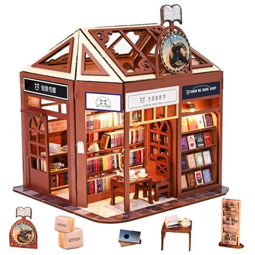 TOPBSFARNY Miniatur und Möbel Puppenhaus Kits, Vintage-Stil DIY Hütte Buchhandlung handgemachte kleine Haus zusammengebaut Modell für Freunde Geburtstag Geschenk von TOPBSFARNY