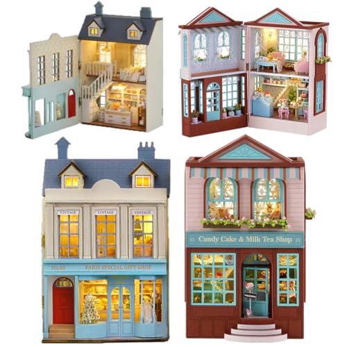 TOPBSFARNY Puppenhaus Miniatur DIY Haus Kit, 2pcs hölzerne romantische Burg Tiny House, kreative Zimmer mit Möbeln und LED-Licht für Geburtstag Geschenk (B) von TOPBSFARNY