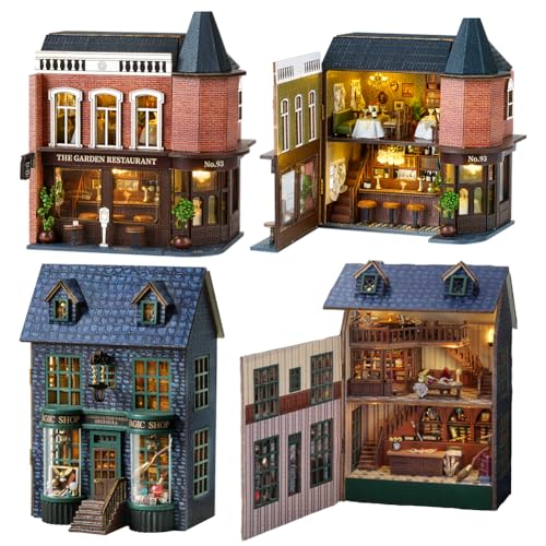 TOPBSFARNY Puppenhaus Miniatur DIY Haus Kit, 2pcs hölzerne romantische Burg Tiny House, kreative Zimmer mit Möbeln und LED-Licht für Geburtstag Geschenk (C) von TOPBSFARNY