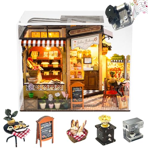 TOPBSFARNY Puppenhaus-Miniatur mit Möbeln, 3D-Bäckerei-Holz-Puppenhaus-Set, Kreativitätsraum, Erwachsenenbau-Puzzle, Geburtstagsgeschenk, Schreibtisch-Dekoration (mit Staubschutz) von TOPBSFARNY