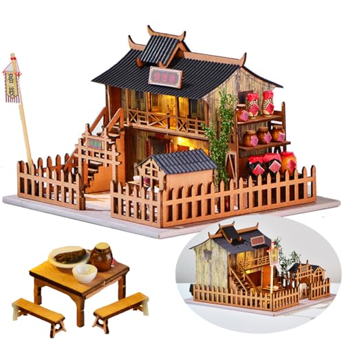 TOPBSFARNY Puppenhaus Miniatur mit Möbeln, Japanisch/Chinesisch DIY Holz Puppenhaus Kit, Handgefertigtes Gebäude Modell Haus für Geburtstag (Baozi Shop) von TOPBSFARNY