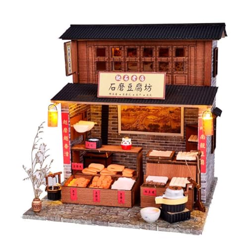 TOPBSFARNY Puppenhaus Miniatur mit Möbeln, Japanisch/Chinesisch DIY Holz Puppenhaus Kit, Handgefertigtes Gebäude Modell Haus für Geburtstag Geschenk (Steinmühle Tofu Haus) von TOPBSFARNY