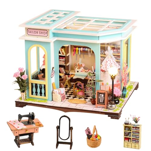 TOPBSFARNY Puppenhaus Zubehör aus Holz, DIY Miniaturhaus Kit für Erwachsene, Kreative Schneiderei Tiny House Kit mit Möbeln und LED-Lichtern für Frauen Geburtstagsgeschenk von TOPBSFARNY
