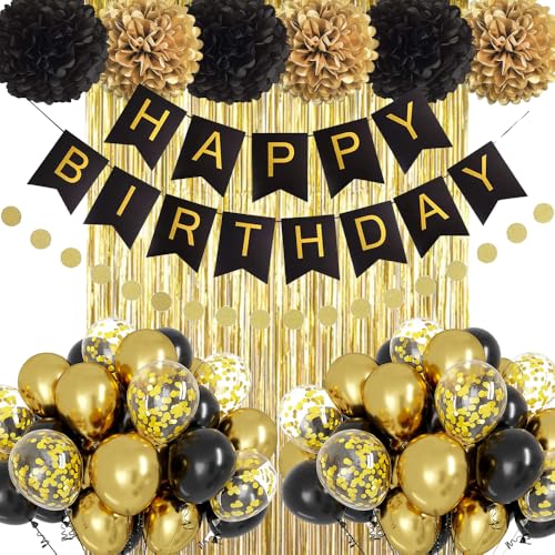 Geburtstag Dekoration Set, Mann Frauen Geburtstagsdeko, Schwarz Gold Happy Birthday Banner, Luftballons DIY Party Papier Pompoms Lametta Vorhang für Jungen Mädchen Geburtstag Deko Party Supplies Geburtstag Dekoration Set, Mann Frauen Geburtstagsdeko, Schwarz Gold Happy Birthday Banner, Luftballons DIY Party Papier Pompoms Lametta Vorhang für Jungen Mädchen Geburtstag Deko Party Supplies von TOPHOPE