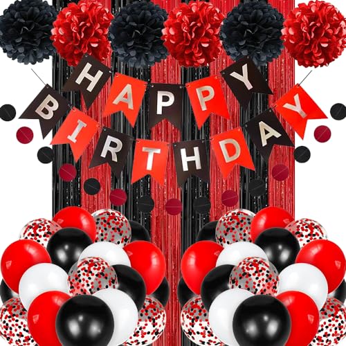 Geburtstag Dekoration Set, Mann Frauen Geburtstagsdeko, Schwarz Rot Happy Birthday Banner, Luftballons DIY Party Papier Pompoms Lametta Vorhang für Jungen Mädchen Geburtstag Deko Party Supplies Geburtstag Dekoration Set, Mann Frauen Geburtstagsdeko, Schwarz Rot Happy Birthday Banner, Luftballons DIY Party Papier Pompoms Lametta Vorhang für Jungen Mädchen Geburtstag Deko Party Supplies von TOPHOPE
